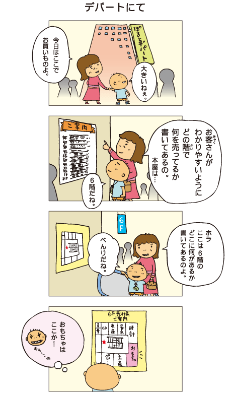『デパートにて』母「今日はここでお買い物よ」百太「大きいねえ」母「お客さんがわかりやすいように、どの階で何を売ってるのか書いてあるの」売り場案内を見ながらお母さんが教えてくれました。母「本屋は･･･」百太「６階だね」６階にはフロア案内が貼られています。母「ホラ、ここは６階のどこに何があるか書いてあるのよ」百太「べんりだね」案内板を見ながら、「おもちゃはここか！」とひそかにチェックして目を輝かしていました。