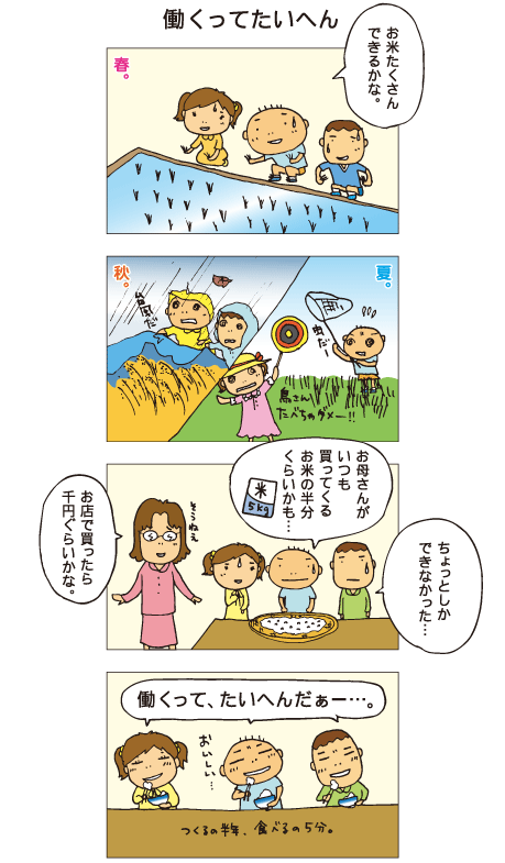 『働くってたいへん』百太たちは学校で米作りをしました。春は田植え。百太「お米たくさんできるかな」夏には虫や鳥、秋には台風から稲を守りました。そしてやっと収穫です。Ａくん「ちょっとしかできなかった･･･」百太「お母さんがいつも買ってくるお米の半分くらいかも･･･」岡根先生「そうねえ、お店で買ったら1,000円ぐらいかな」つくるの半年、食べるの５分です。みんなは「働くってたいへんだぁー･･･」と思いました。
