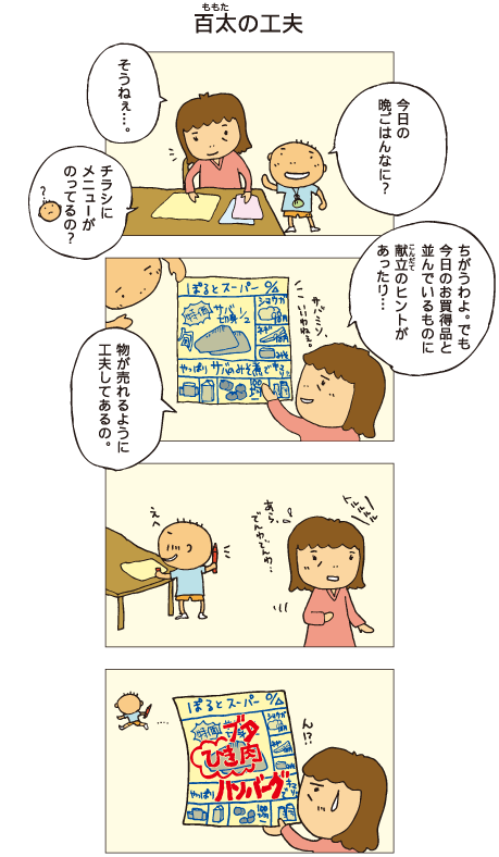 『百太の工夫』百太「今日の晩ごはんなに？」母「そうねぇ･･･」百太「チラシにメニューがのってるの？」母「ちがうわよ。でも今日のお買得品と並んでいるものに献立のヒントがあったり･･･、物が売れるように工夫してあるの」チラシにはサバやショウガ、ネギ、味噌などが並んでいて、「やっぱりサバの味噌煮でキマリ！」と書かれています。そこに電話がかかってきました。百太は、母が電話に出ている間に、サバを豚ひき肉に、サバの味噌煮をハンバーグに書き換えました。
