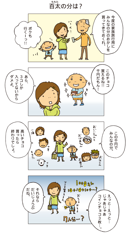 『百太の分は？』今度の家族旅行用にみんなの分のおかしを買ってきておくれ。ボクも行くーっ‼このチョコ買えるね‼千円だもん！あら、3コしか入ってないからダメよ。この千円でみんなの分。高いチョコ買ったら終わりでしょ。えっと…えっと…じゃあじゃあコインチョコ3枚…それならだいじょうぶだね。