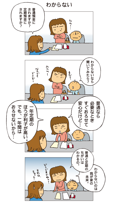 『わからない』百太とお母さんが銀行の窓口に座っています。普通預金にされますか？定期預金にされますか？わからないなら聞いてみたら？普通なら必要なときすぐおろせて安心。一年間おろせないけど、一年定期のほうが利子が高い…いやいっそ、三年定期なら利子ももっと高いし…そこまでわかってて何がわからないの？わからないのは我が家の未来。銀行の人にもわかりません。