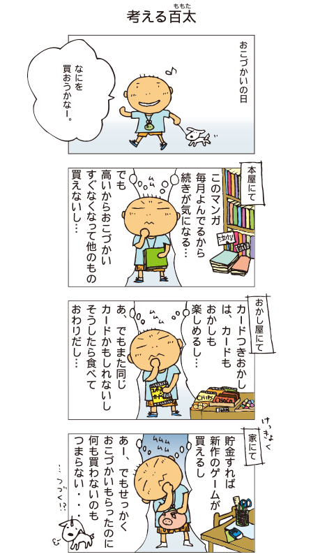 『考える百太』百太「何を買おうかなー」。本屋にて「このマンガ毎月読んでるから続きがきになる。でも高いからおこづかいすぐなくなって他のもの買えないし。」お菓子屋にて「カードつきおかしは、カードもおかしも楽しめるし。あ、でもまた同じカードかもしれないし、そうしたら食べておわりだし・・・」けっきょく、家にて「貯金すれば新作のゲームが買えるし、あーでもせっかくおこづかいもらったのに何も買わないのもつまらない・・・」・・・つづく。