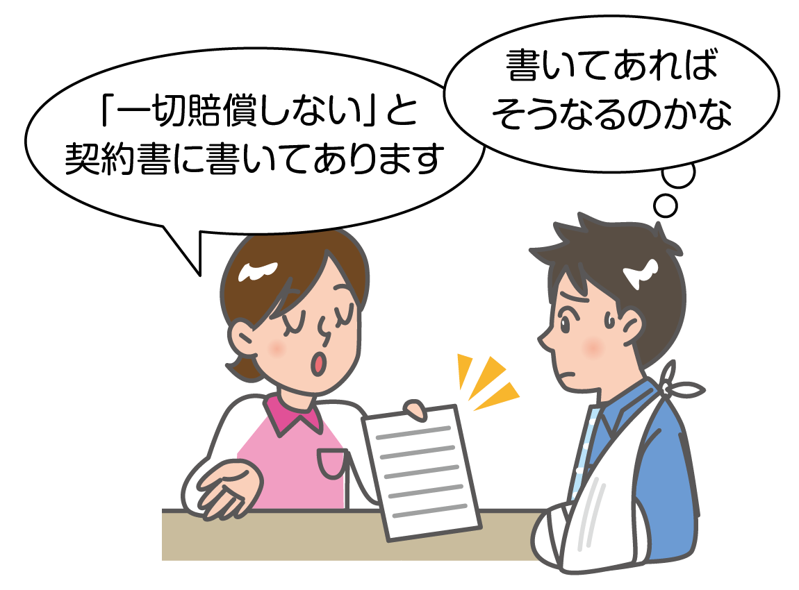 例示のイラスト。スポーツジムの受付の様子が描かれています。ジムの利用者が、腕を包帯でつった姿で、ジムの受付にやってきています。それに対して、受付担当の社員は、契約書を利用者に示しながら、「一切賠償しない、と契約書に書いてあります」と説明しています。このため、利用者は非常に困った顔をしています。「一切賠償しない」という契約条項は、事業者の損害賠償責任を免除、制限する条項にあたりますので、その部分は無効になります。