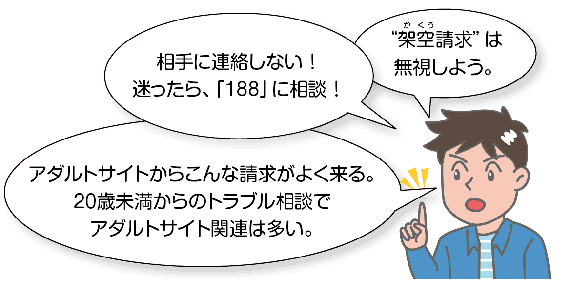 高校生の男の子が、電子契約法を勉強したうえで、解説をしています。解説に書かれていることは次のとおりです。相手に連絡しない！迷ったら、「188」に相談！アダルトサイトからこんな請求がよく来る。20歳未満からのトラブル相談でアダルトサイト関連は多い。“架空（かくう）請求”は無視しよう。