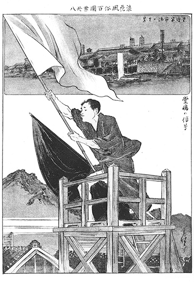 旗を振る人の姿が描かれている『風俗画報』1903年、276号「堂嶋の信号」の図