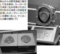 秋山さんの研究室前に展示してある教材。ルーローの三角形（丸みを帯びたおにぎり形の三角形）の特性を応用したロータリーエンジンの模型（右）と、マンホールの蓋の模型（下）