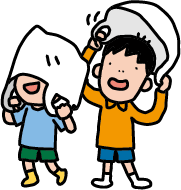 コンビニの袋を頭にかぶって遊んでいる兄弟。