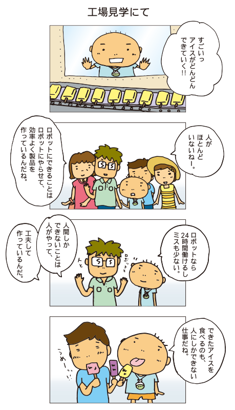 「工場見学にて」すごいっアイスがどんどんできていく‼人がほとんどいないねー。ロボットにできることはロボットにやらせて、効率よく製品を作っているんだね。ロボットなら24時間働けるしミスも少ない。人間しかできないことは人がやって、工夫して作っているんだ。できたアイスを食べるのも、人にしかできない仕事だね。