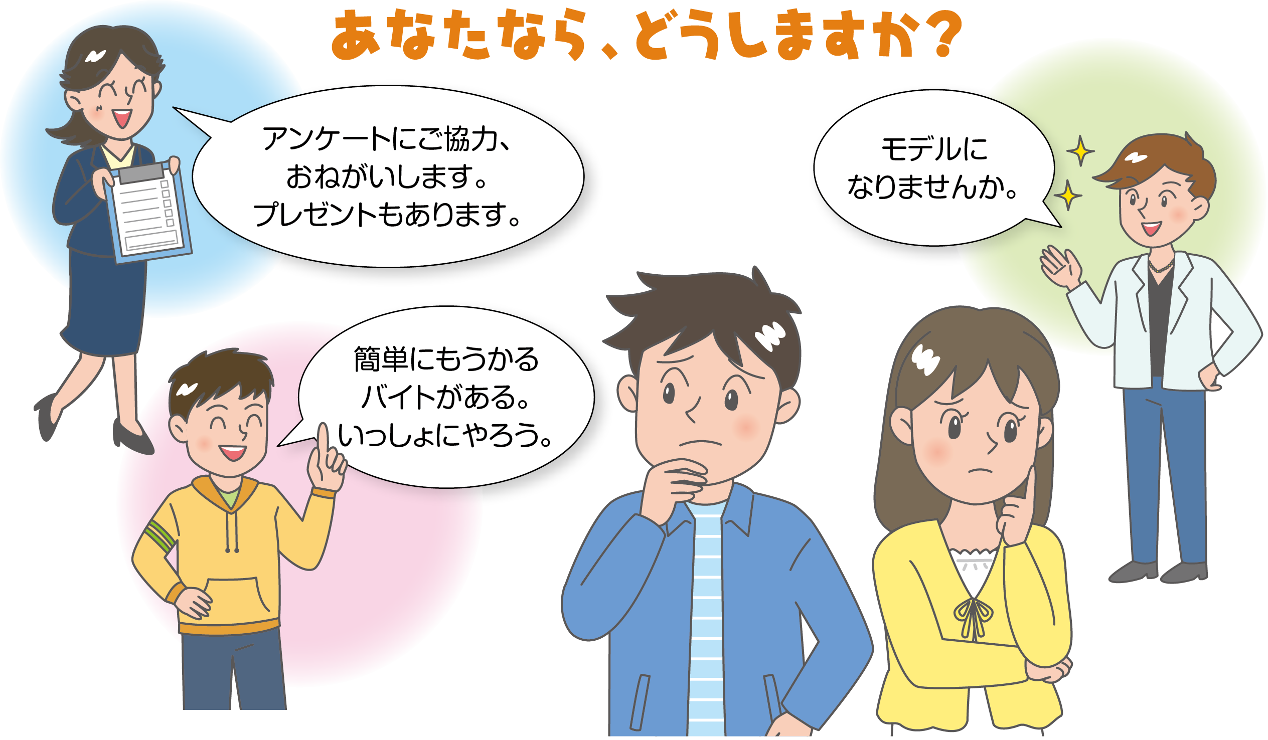 高校生の男の子と女の子が、いろいろな勧誘を受けています。まず、街頭で、若い女性が、「アンケートにご協力、お願いします。プレゼントもあります」と声をかけてきています。次に、クラスメートが、「簡単にもうかるバイトがある。いっしょにやろう」と男の子を誘っています。最後に、若いイケメンの男性が、女の子に「モデルになりませんか」と声をかけています。高校生の男の子と女の子は、どう対応したらよいか、非常に迷っている様子です。
